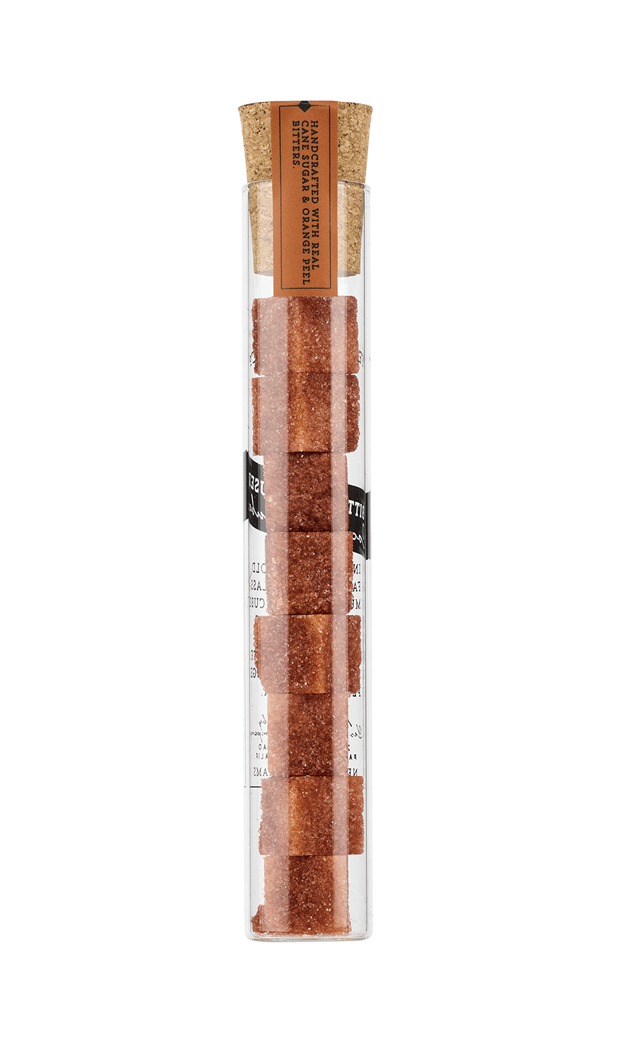 Cork stoppers in a clear cylindrical holder with bitters infused NA sugar cubes on a white background