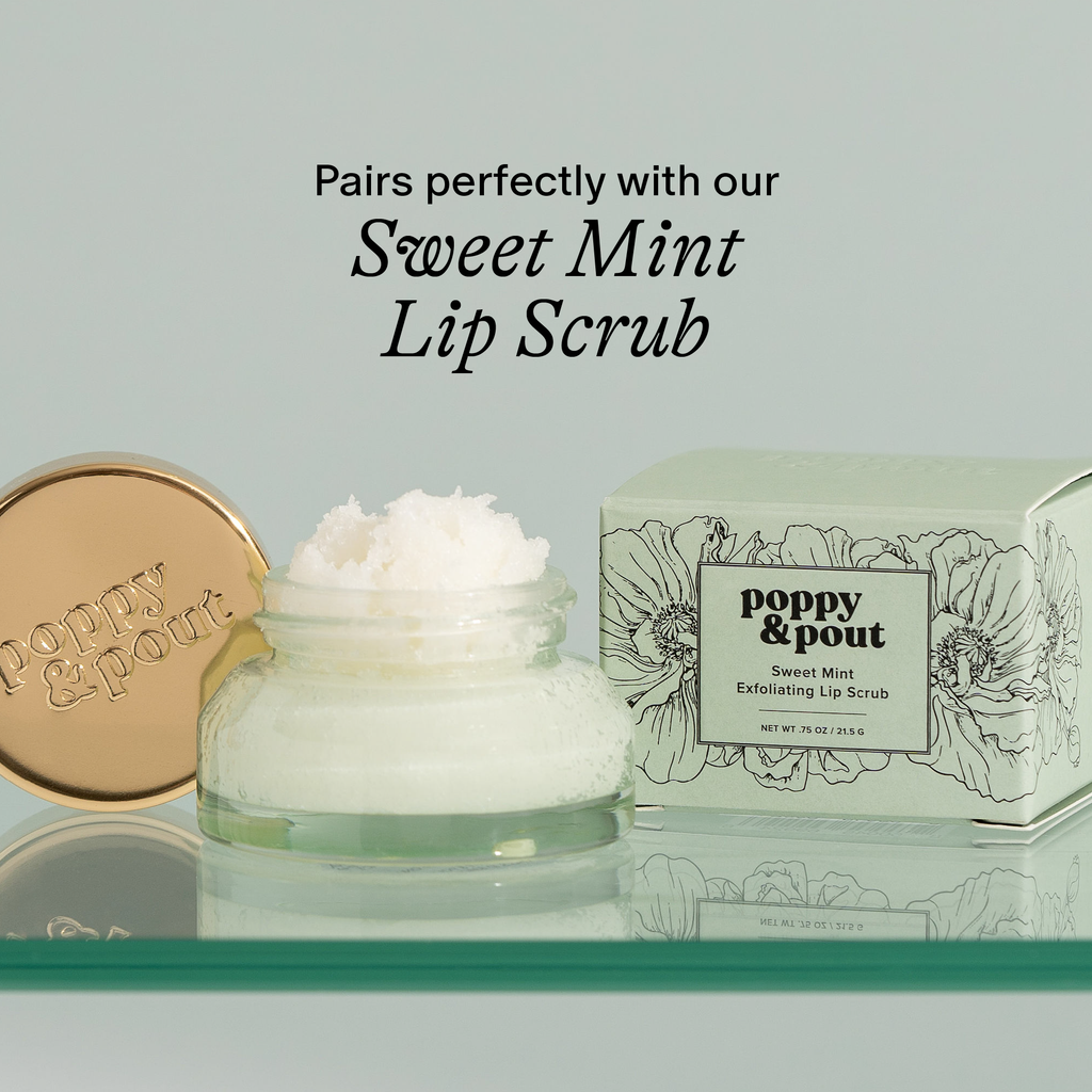 Poppy & Pout Sweet Mint Lip Scrub with packaging on a reflective surface
