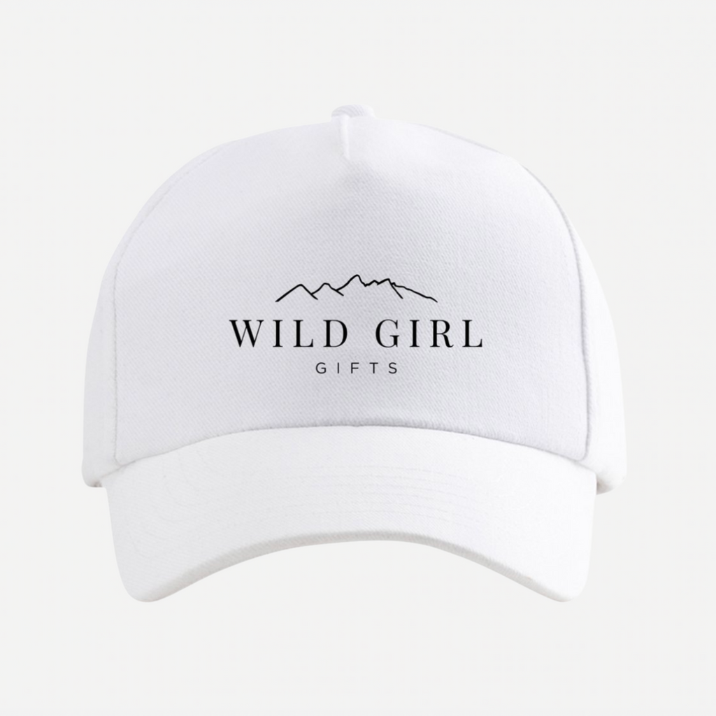 White cap with 'Wild Girl Gifts' logo on a white background
