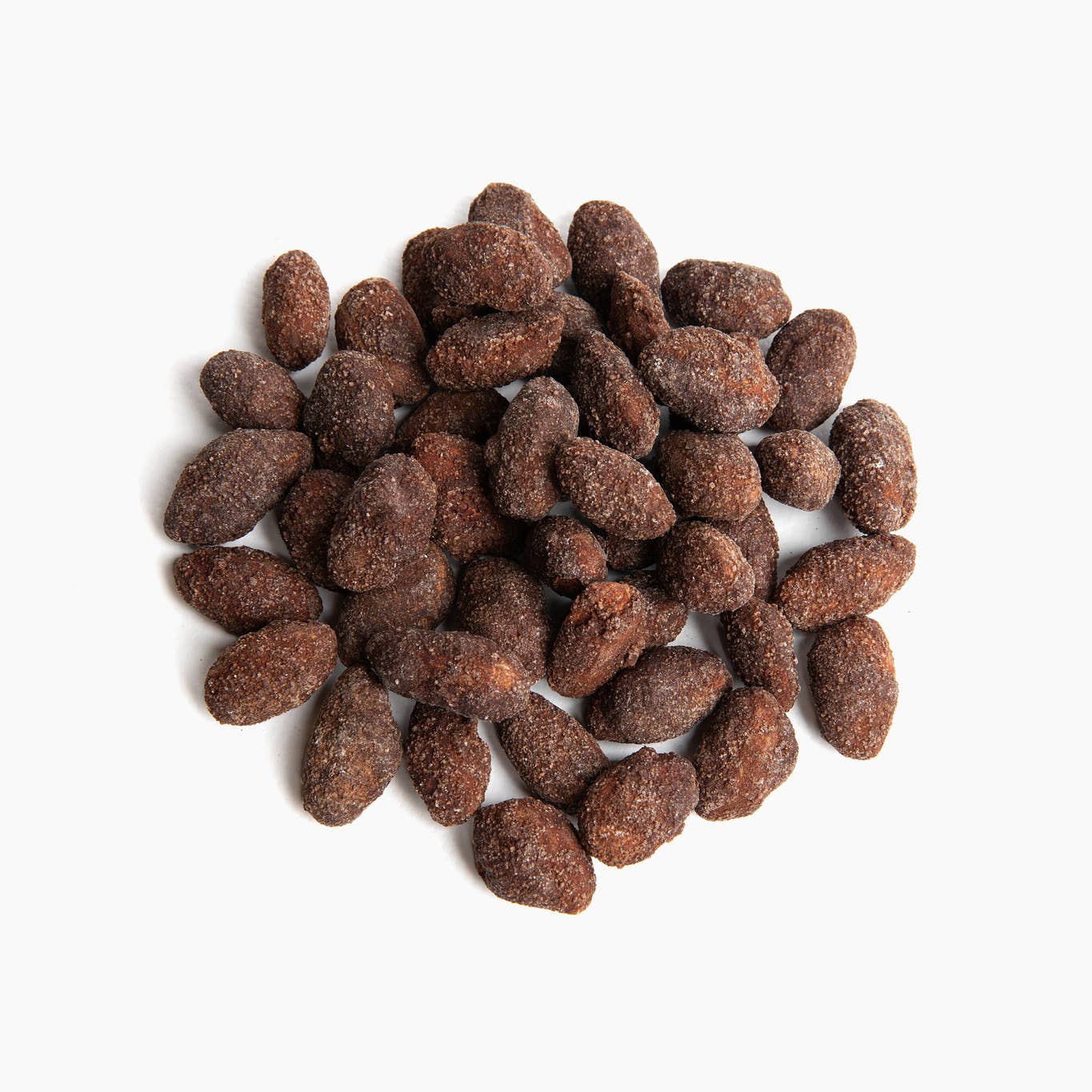 Chocolate and sugared coated almonds on white background