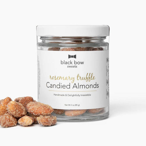 Jar of rosemary truffle candied almonds with a 'black bow sweets' label on a white background