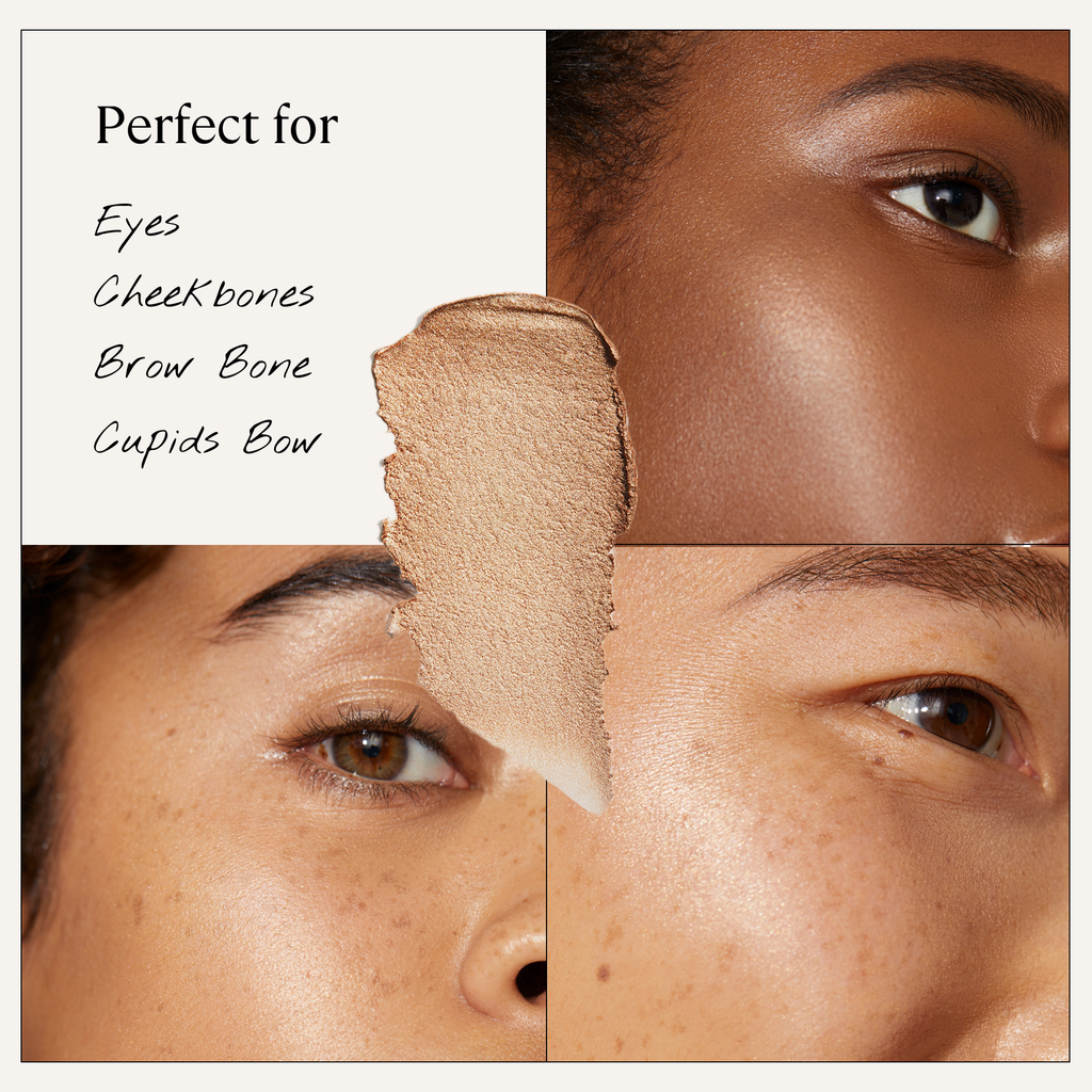 Cosmetic product application on a person's face with text indicating use on eyes, cheekbones, brow bone, and cupids bow.
