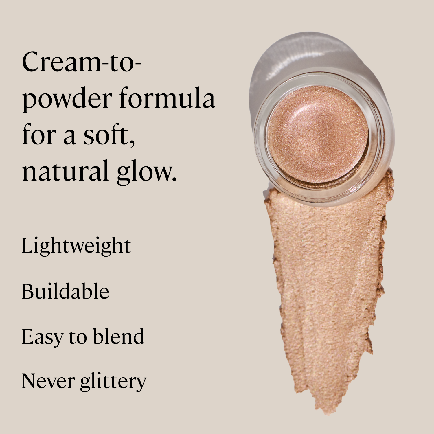 Cosmetic cream with text describing its properties on a beige background