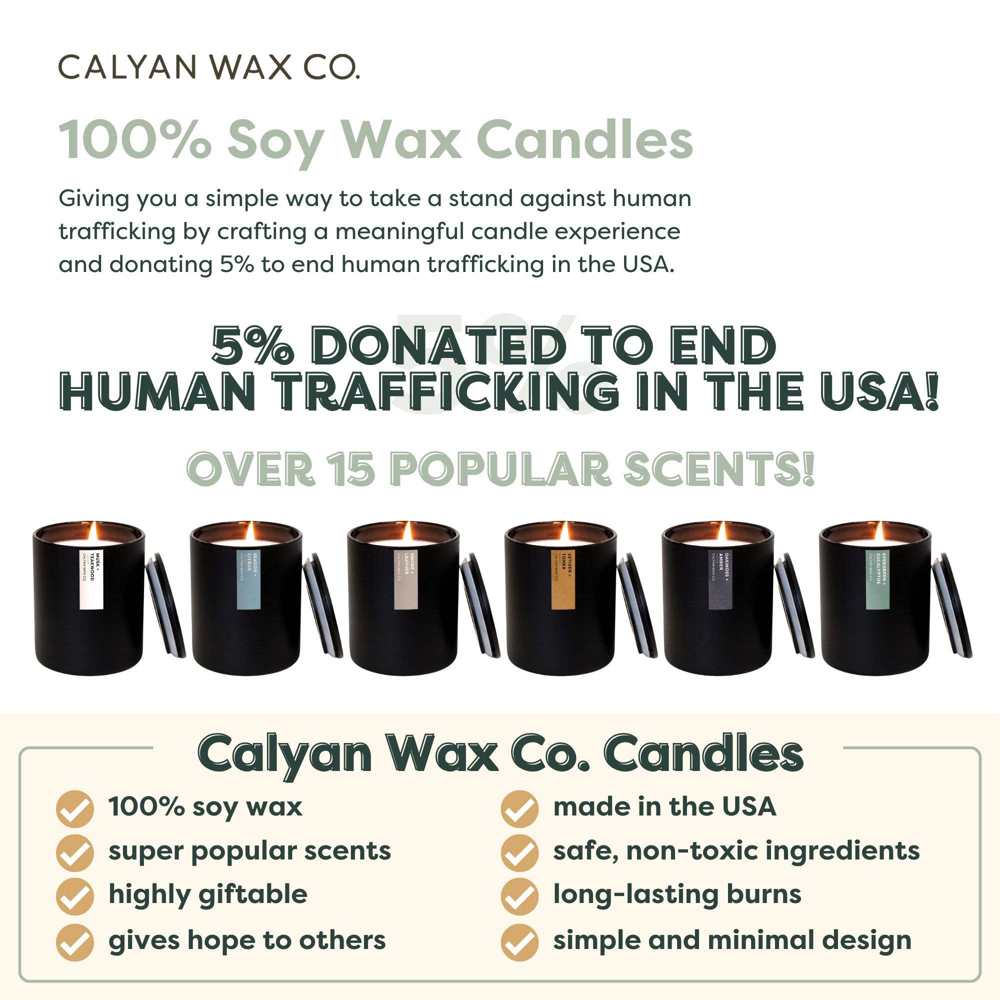 Advertisement for Calyan Wax Co. candles with product display and text about human trafficking donation.