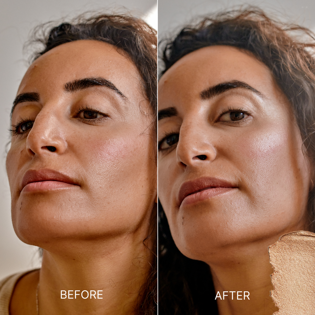 Before and after comparison of a woman's face with visible skin texture differences.