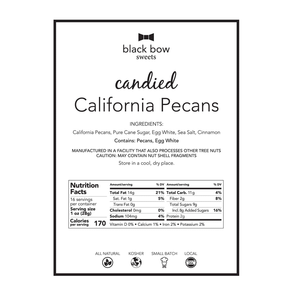Label for black bow sweets candied California pecans with ingredients, nutrition facts, and branding details.