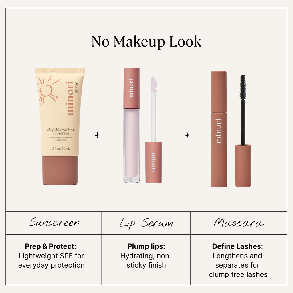 Minori skincare and makeup products including sunscreen, lip serum, and mascara on a white background.