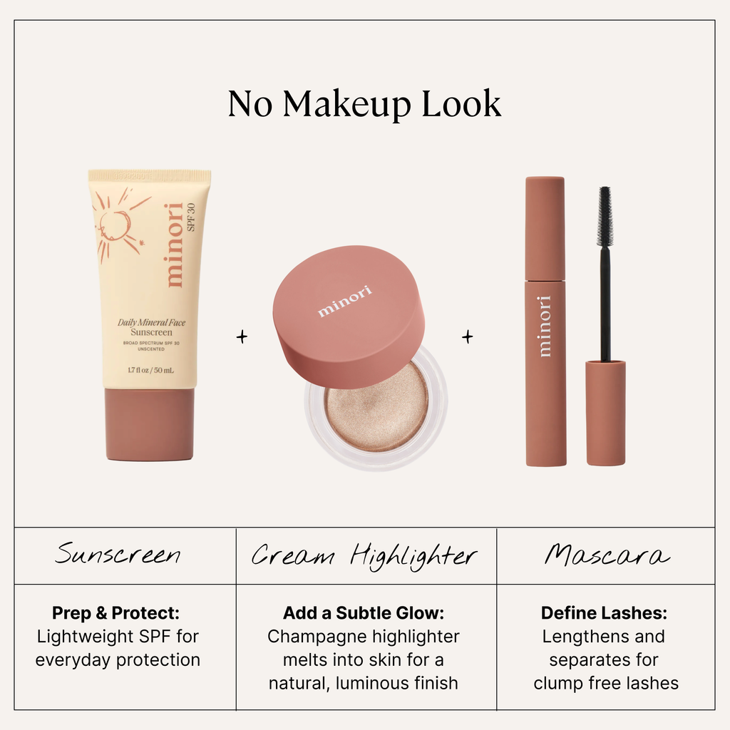 Minori makeup products including sunscreen, cream highlighter, and mascara on a white background.