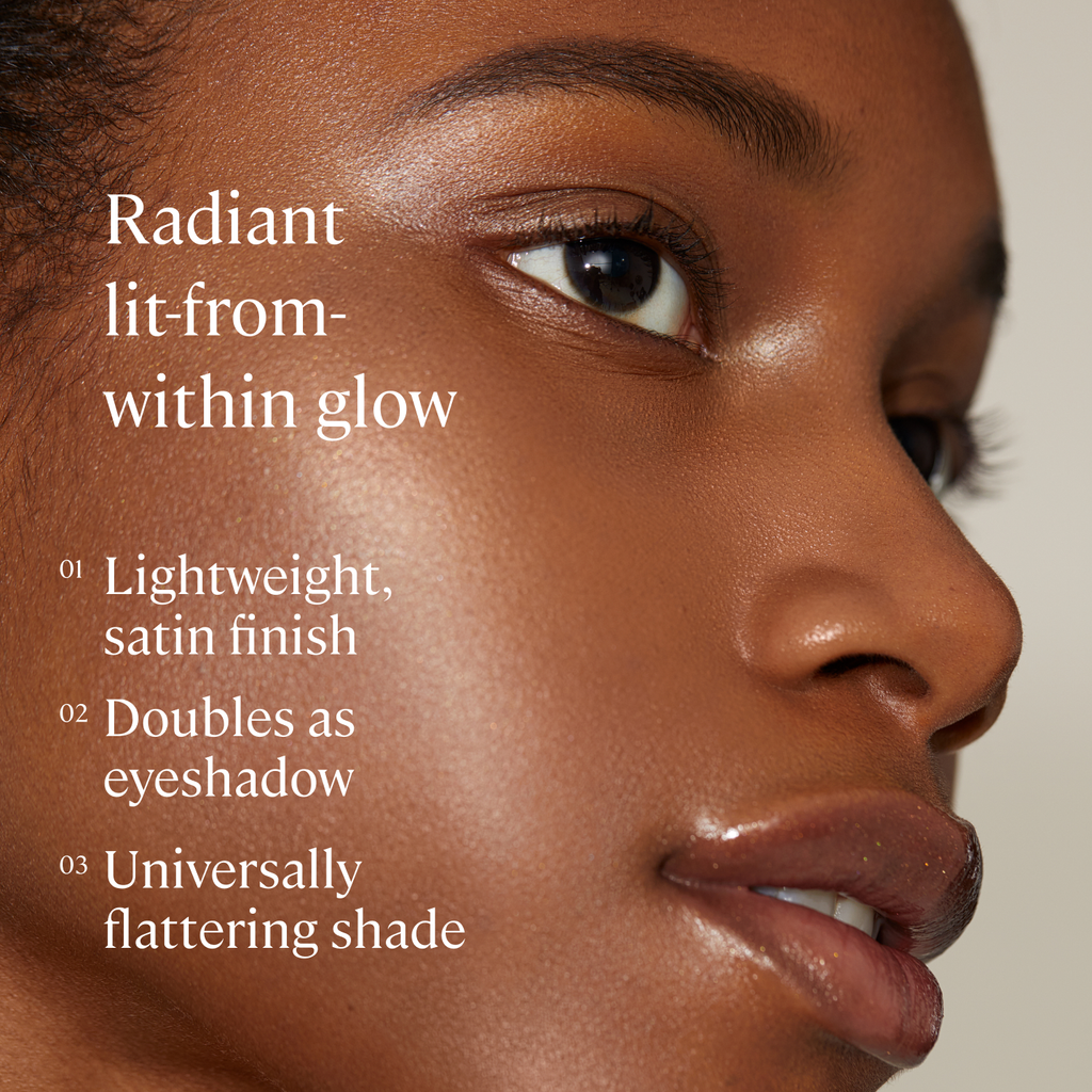 Close-up of a person's face with text describing a product's features.