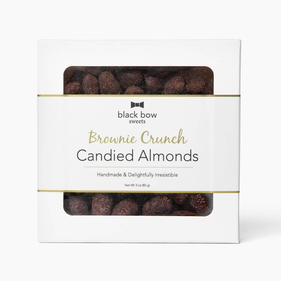 Packaging of Black Bow Sweets Brownie Crunch Candied Almonds on a white background