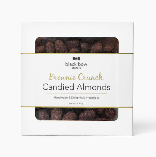 Packaging of Black Bow Sweets Brownie Crunch Candied Almonds on a white background