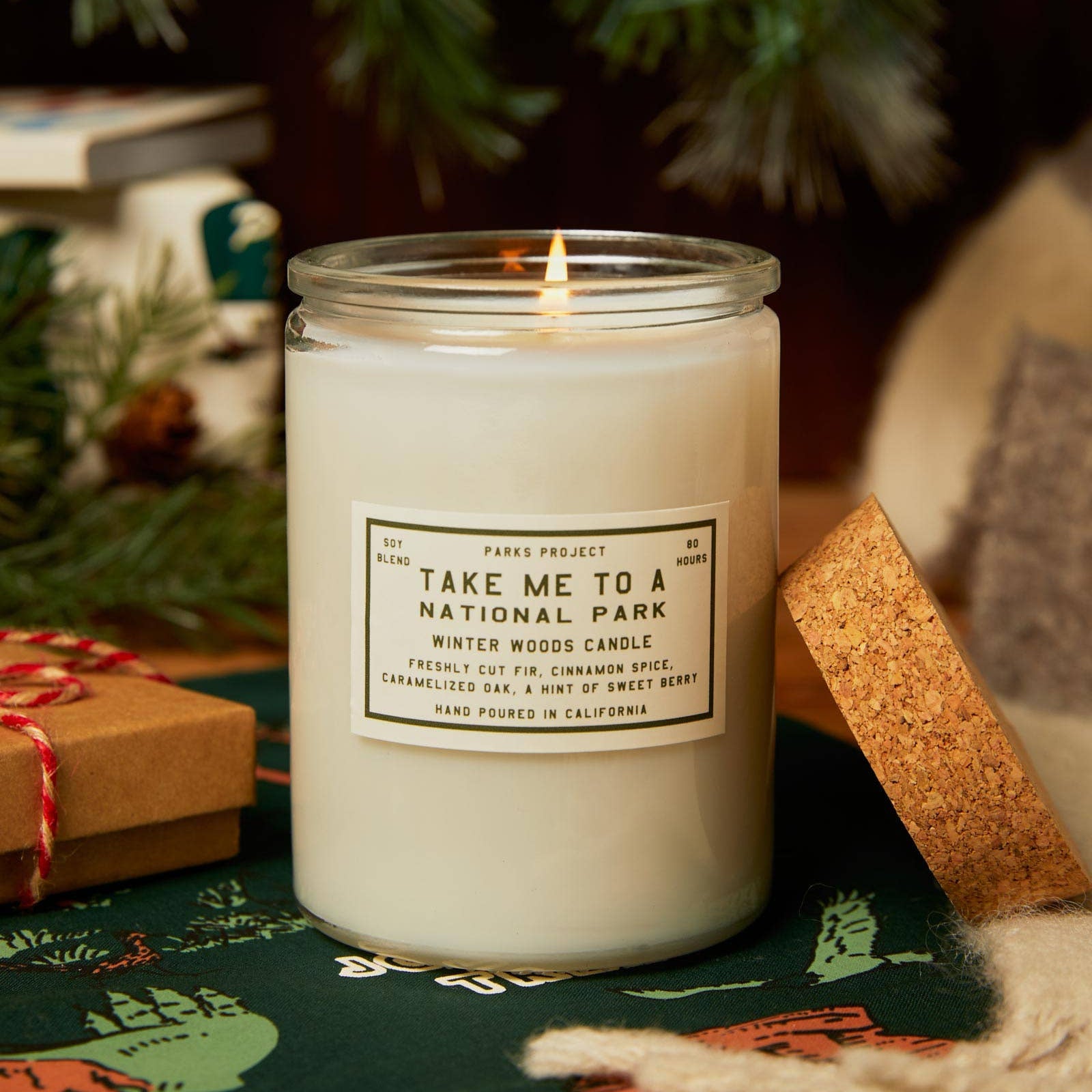 Candle labeled 'Take Me to a National Park' on a table with Christmas decorations.