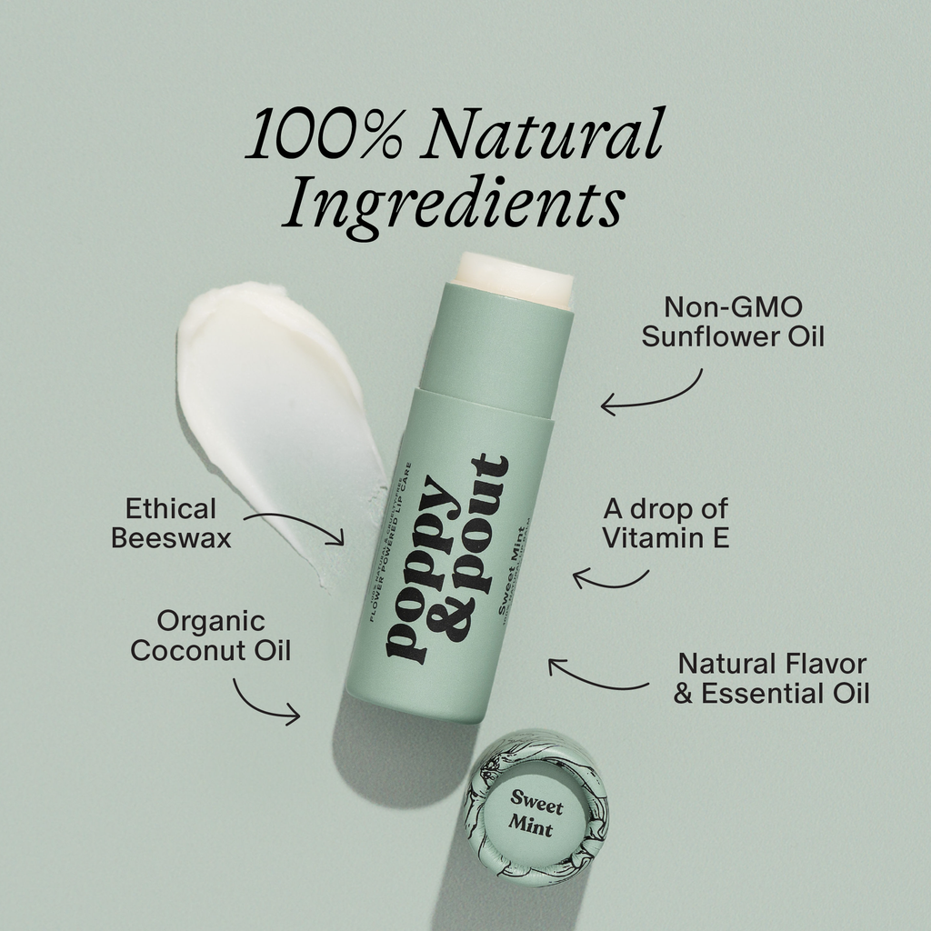 Lip balm with labeled ingredients on a light gray background