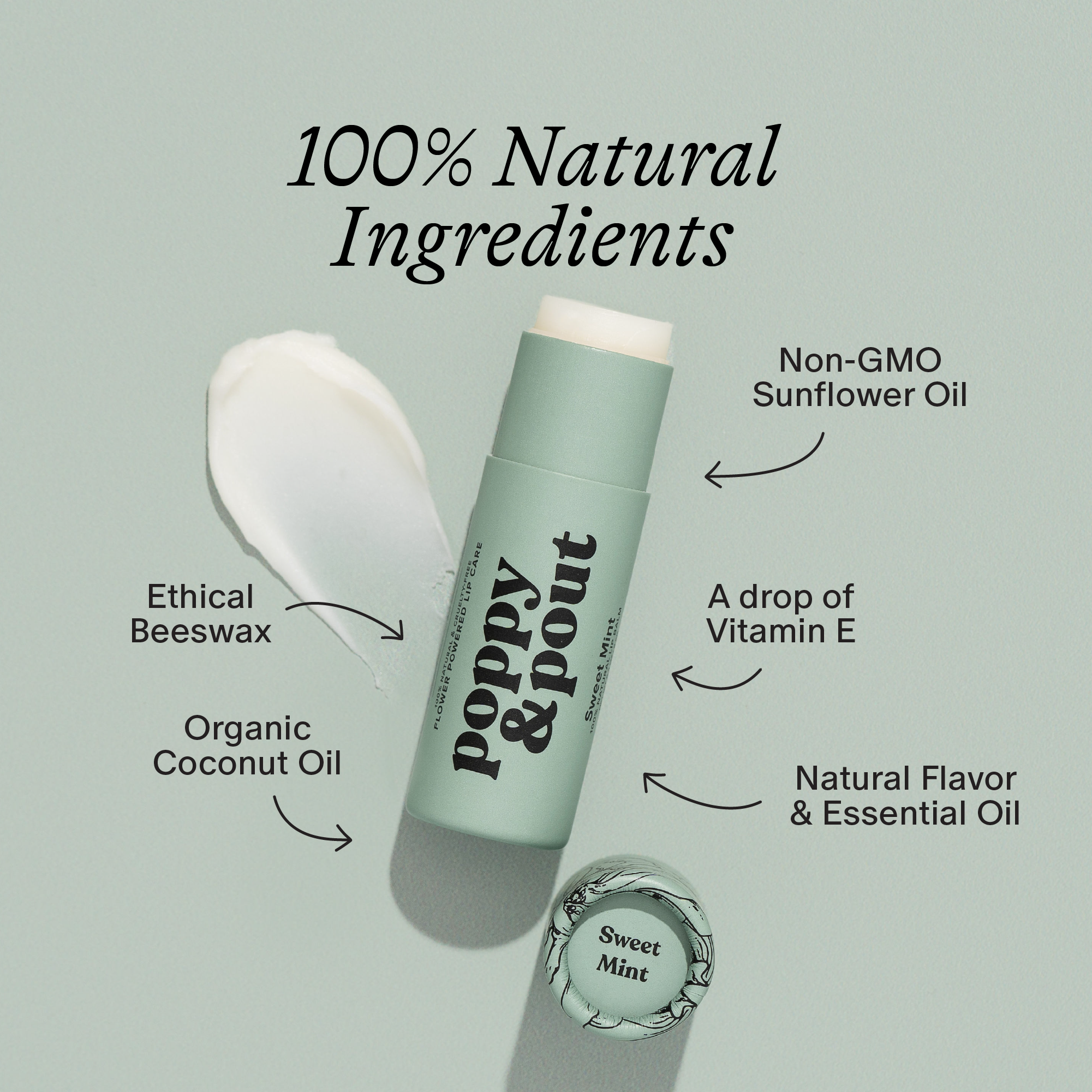 Lip balm with labeled ingredients on a light gray background