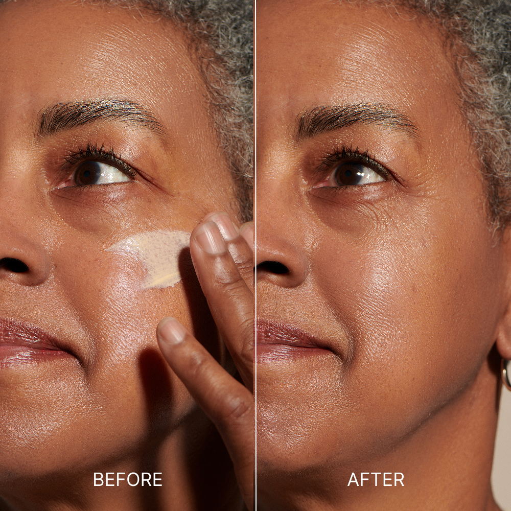 Before and after comparison of a woman applying makeup to her face.