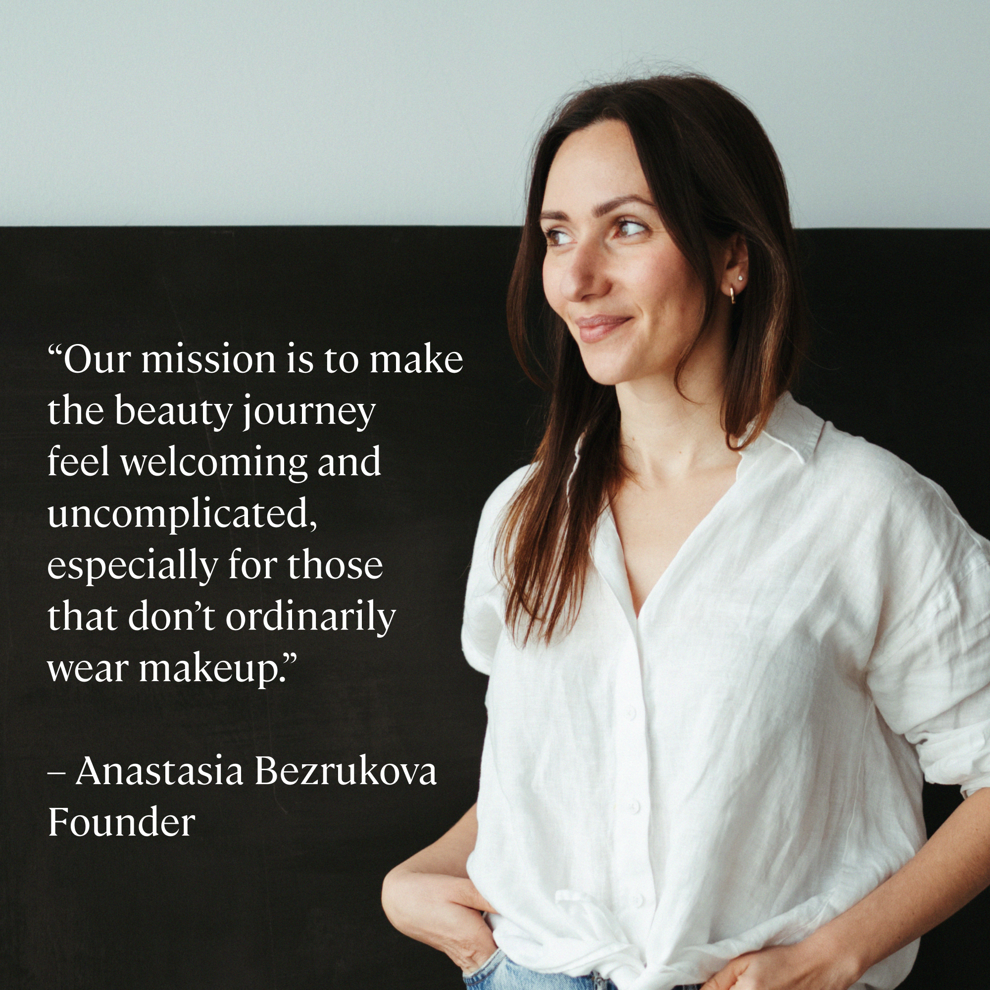 Minor founder, Anastasia Bezrukovskay, in a white shirt with a quote from her a on a black background