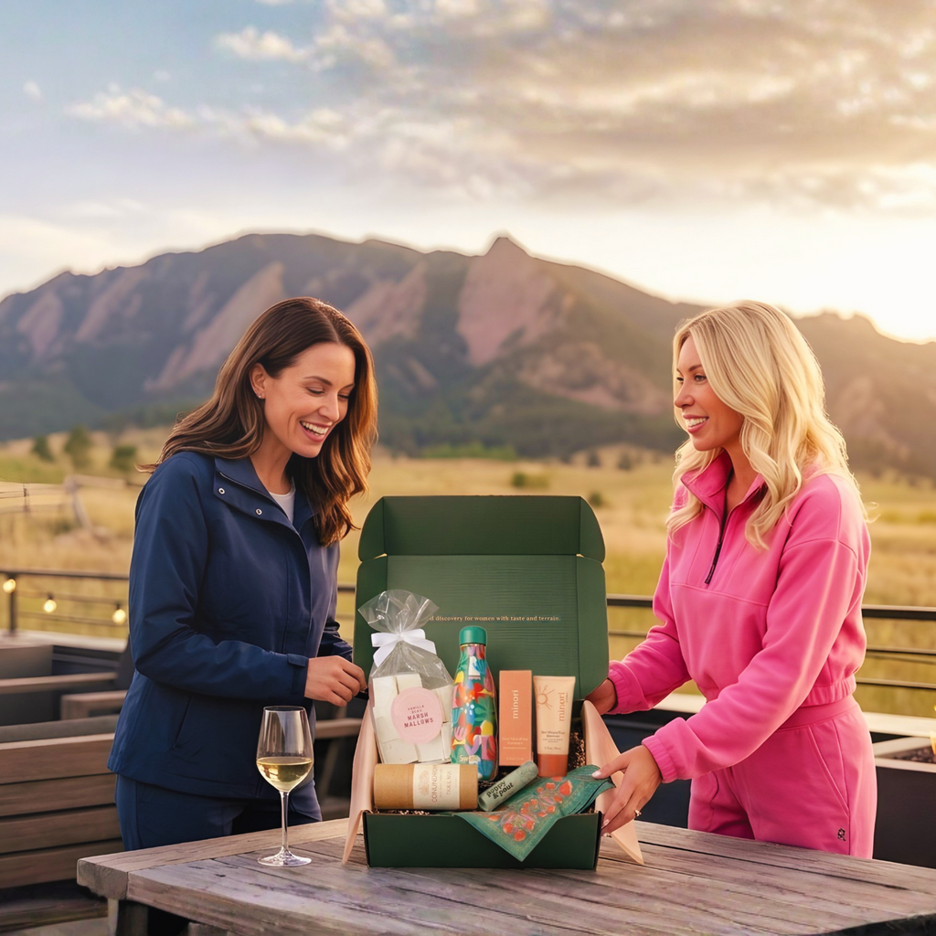 Two women gifting a gift box in a beautiful mountain scene