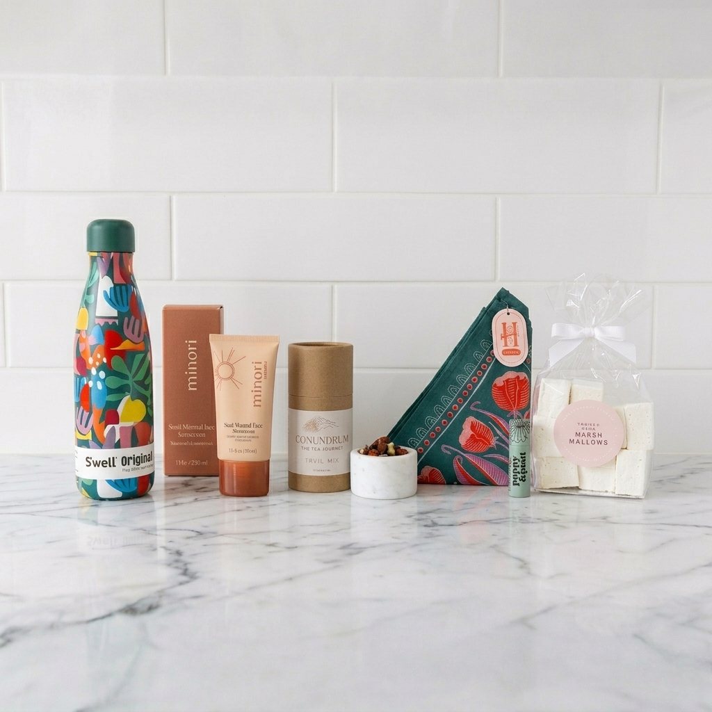 Collection of skincare and wellness products on a marble surface with a white tiled wall background