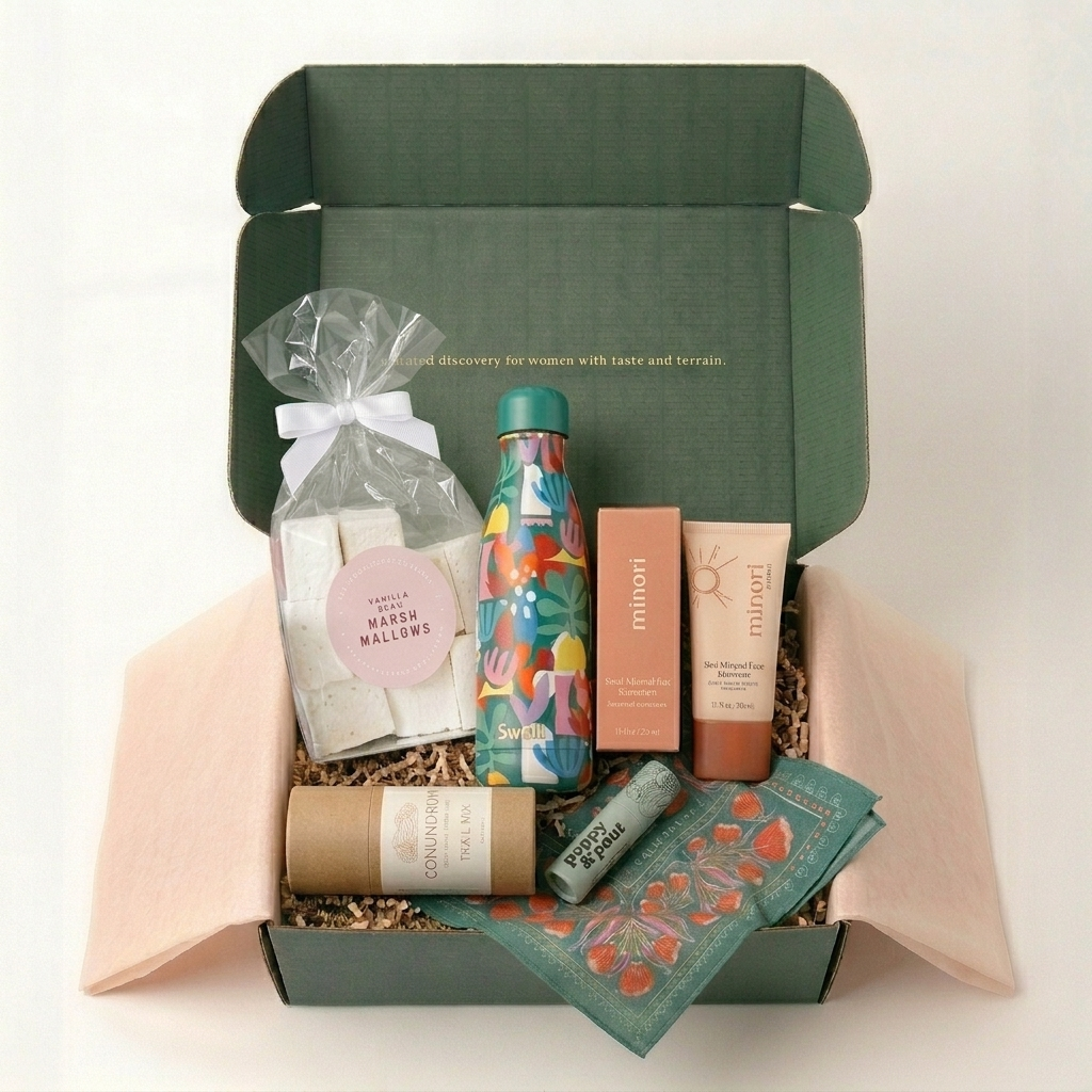 Wild Girl Gifts Adventure Edit gift box open showing S'well bottle, Handker bandana, Minori SPF, and trail snacks