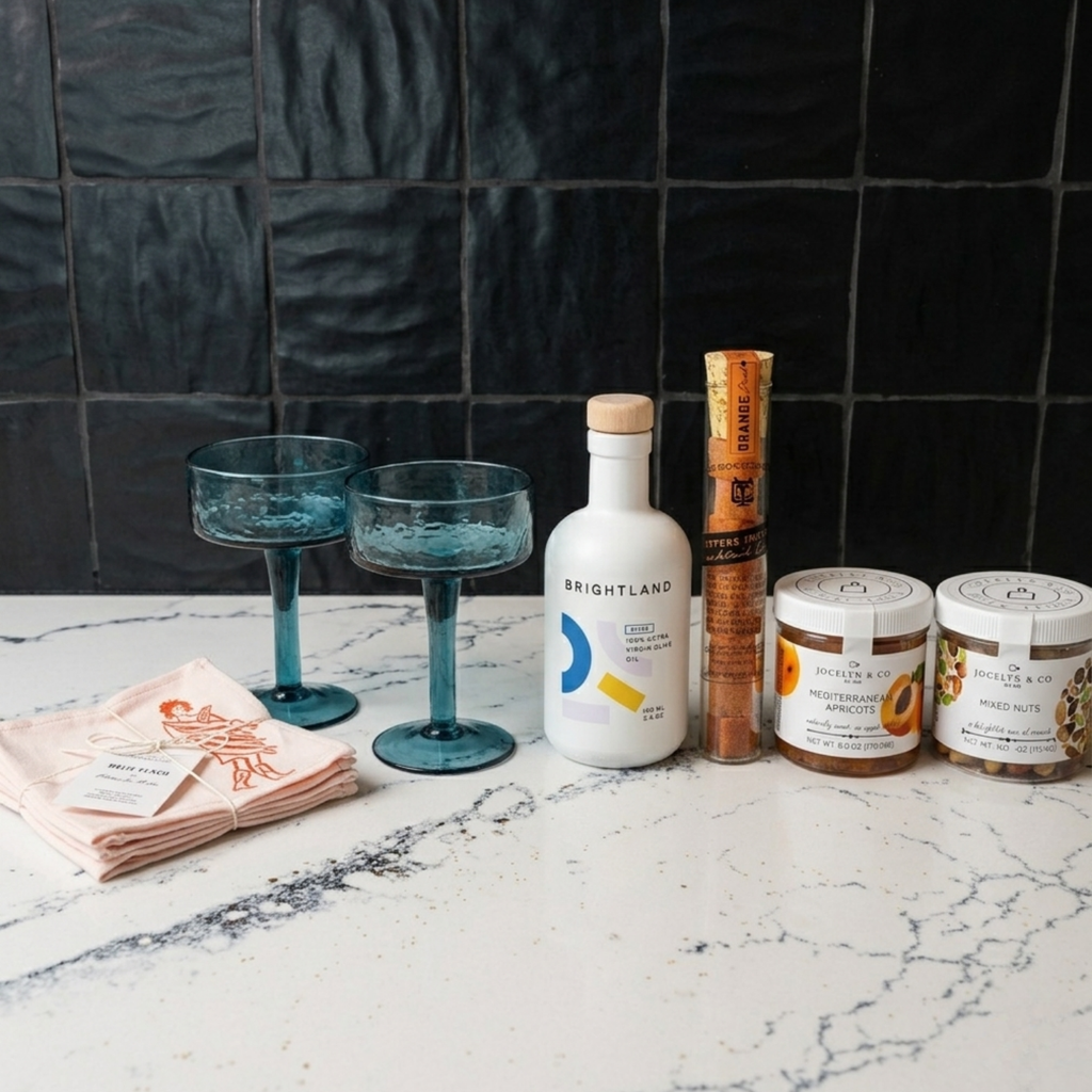 Beverage and food items on a marble surface with a dark tiled wall background