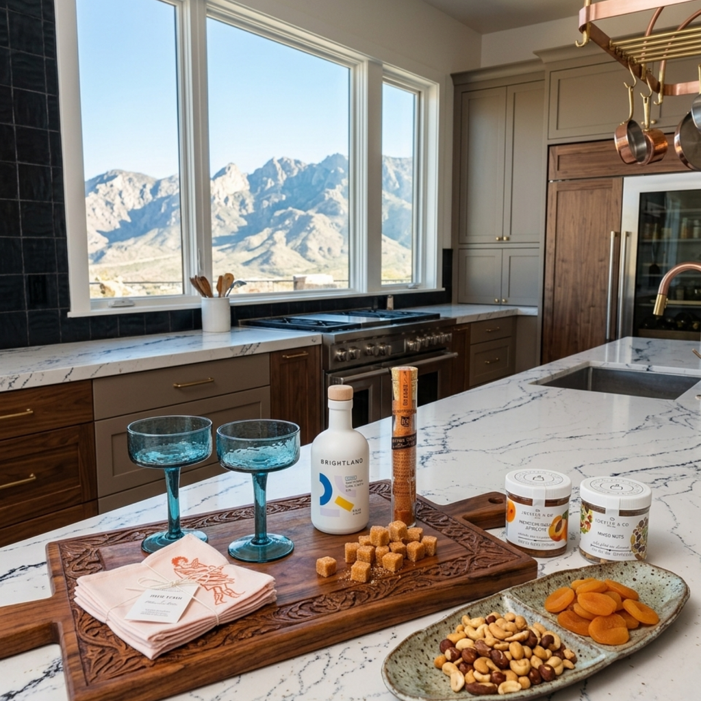 Modern kitchen with a view of mountains, featuring a marble countertop with snacks and a bottle.