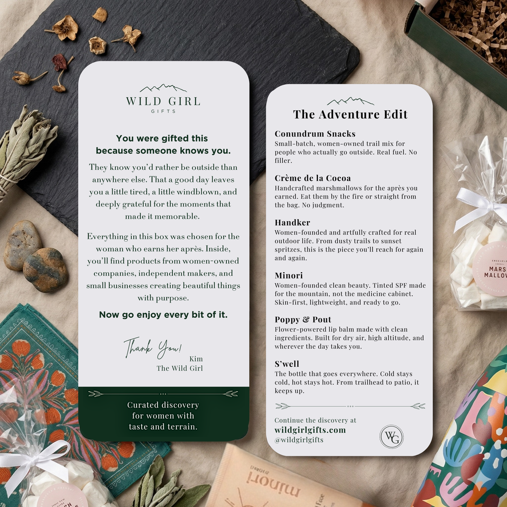 Two product cards on a textured surface with decorative elements.