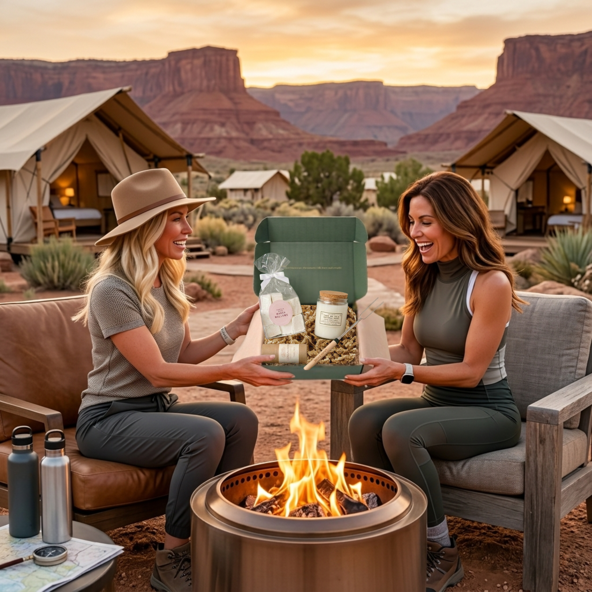 Two women sitting by a fire pit in a desert setting with glamping tents in the background.