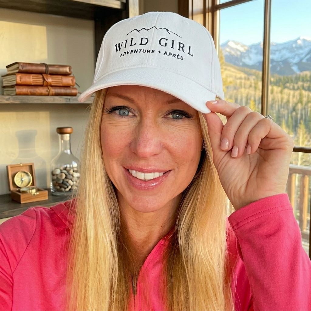 Kim wearing a 'Wild Girl' cap with a scenic background