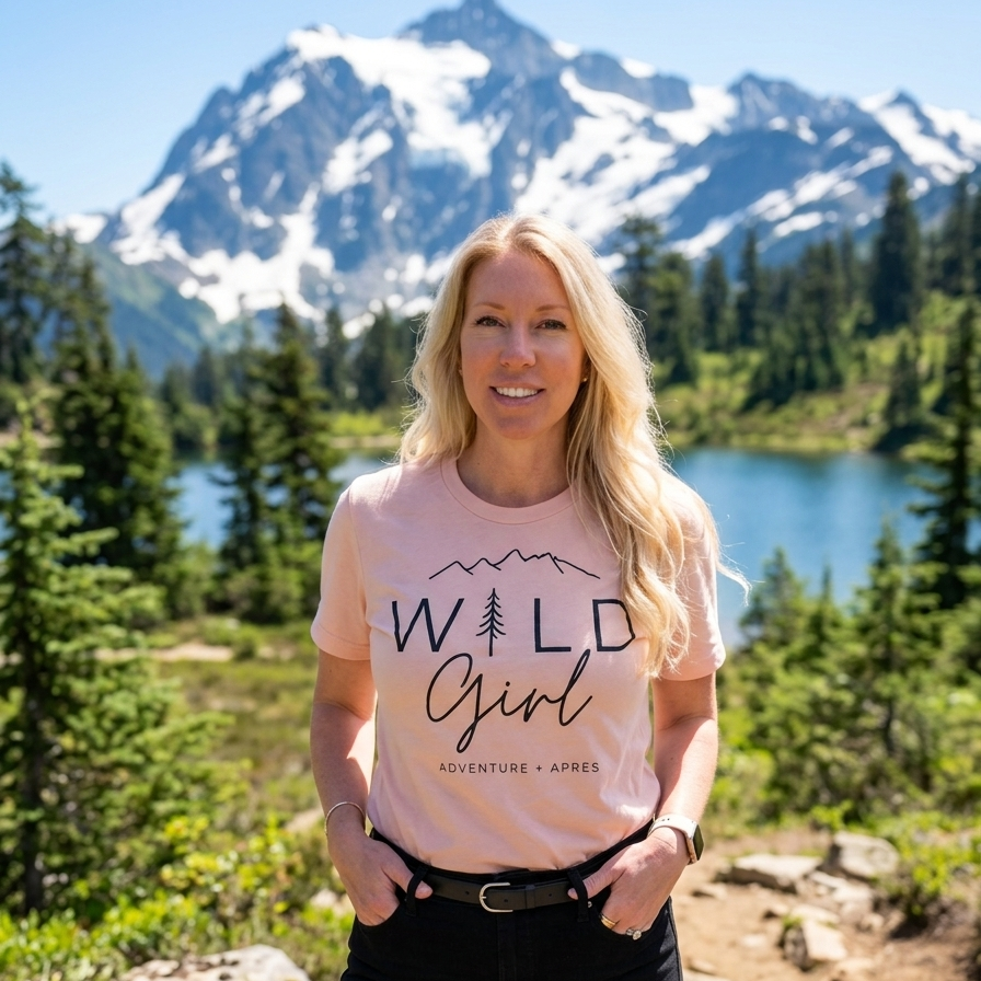 Kim wearing a 'Wild Girl' t-shirt in a mountainous landscape