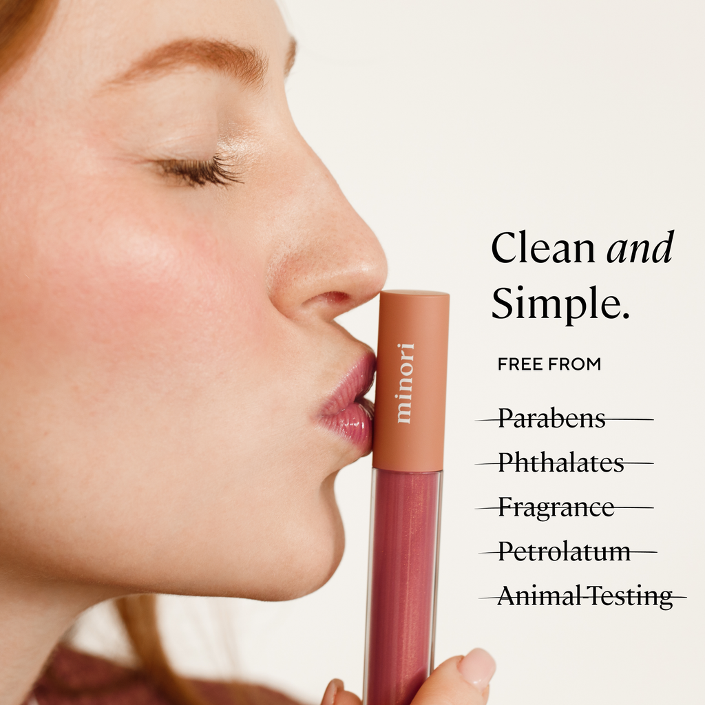 Lipstick being applied with a 'minori' brand lip balm, featuring clean and simple branding.