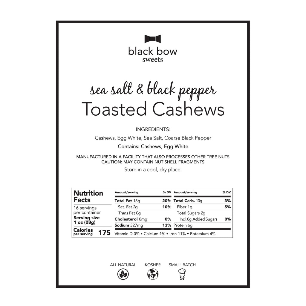 Nutrition label for sea salt and black pepper toasted cashews by Black Bow Sweets.