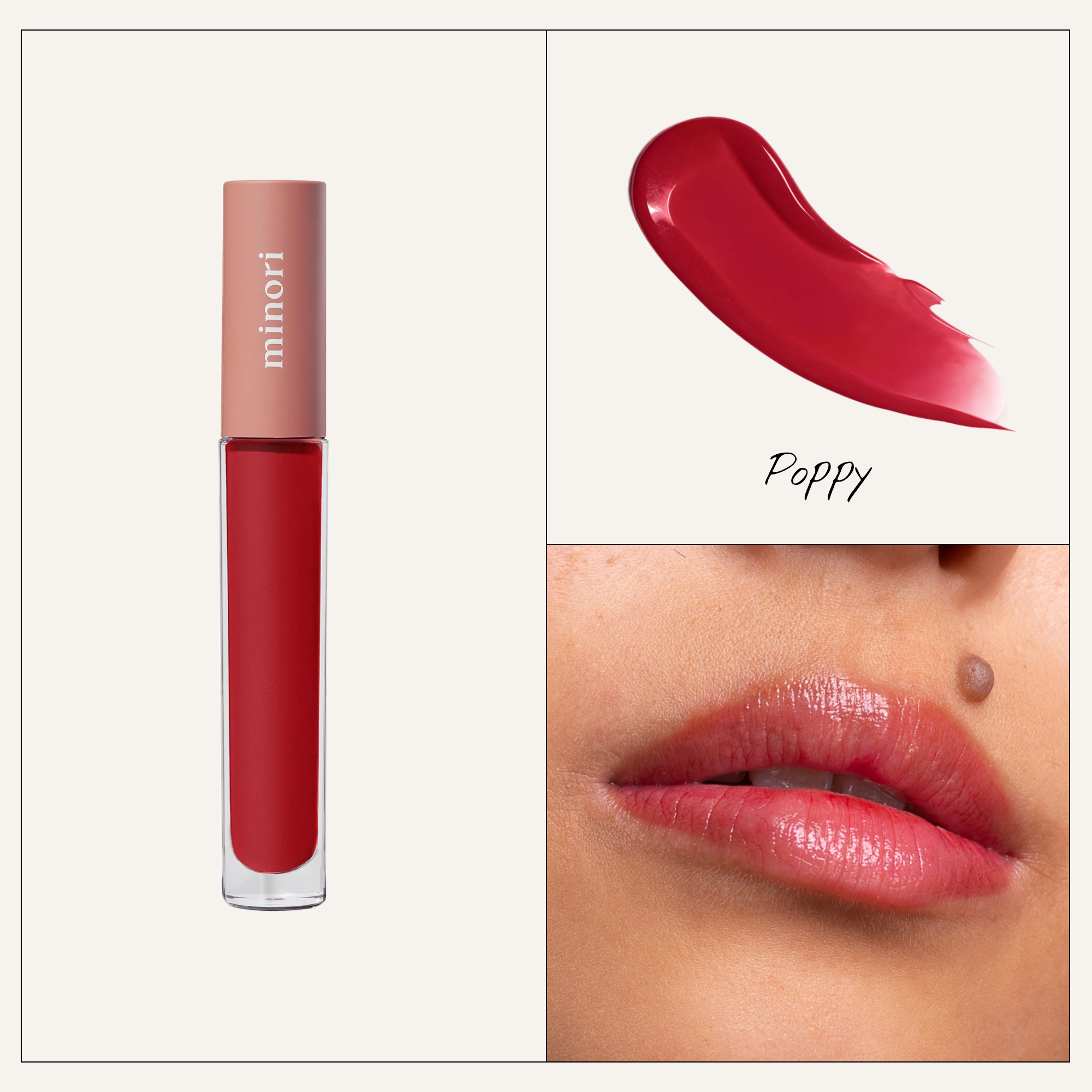 Lipstick with 'minori' branding, swatch, and application on lips.