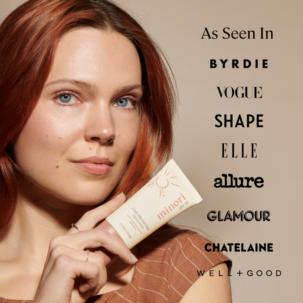Woman holding a skincare product with magazine names listed on a beige background
