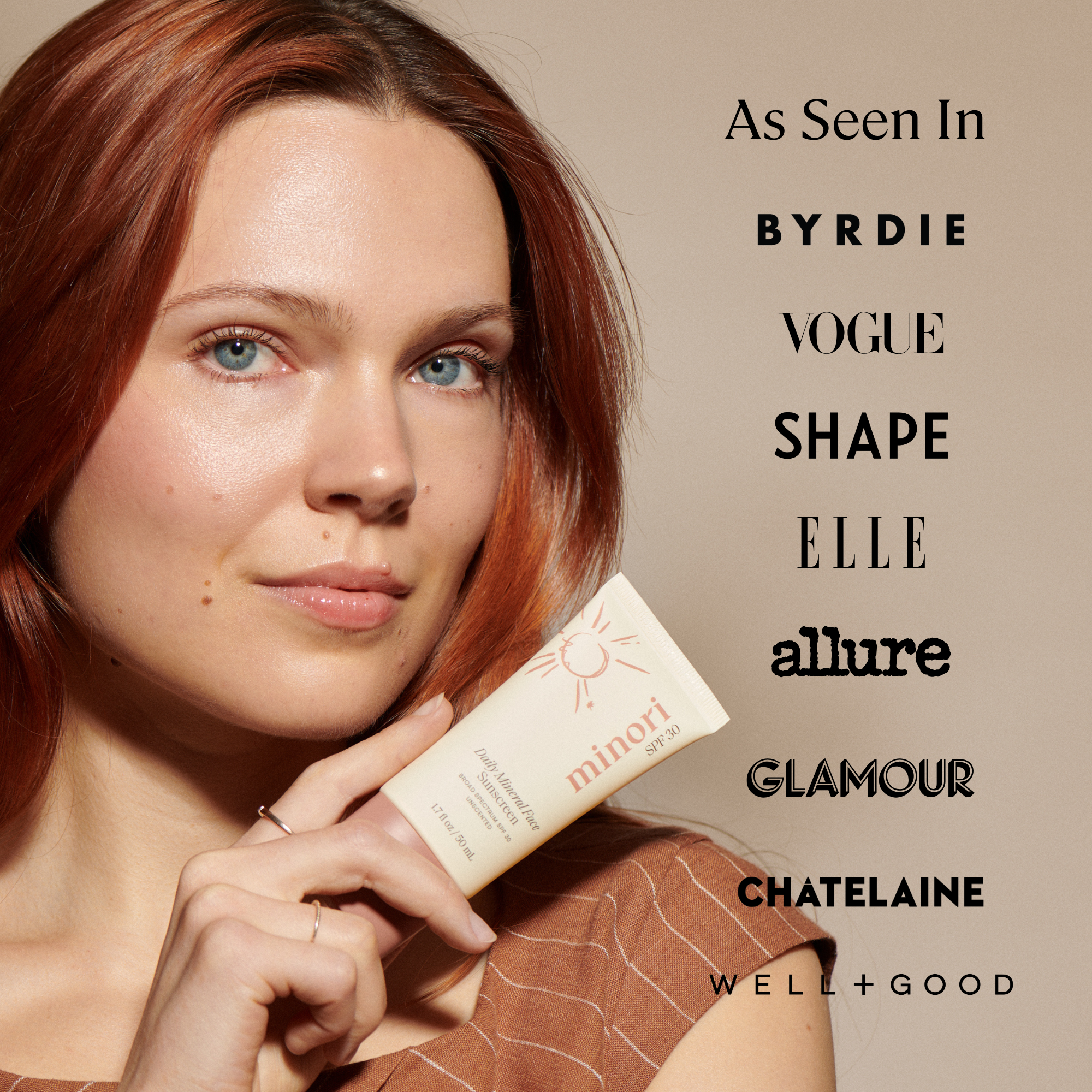 Woman holding a skincare product with magazine names listed on a beige background