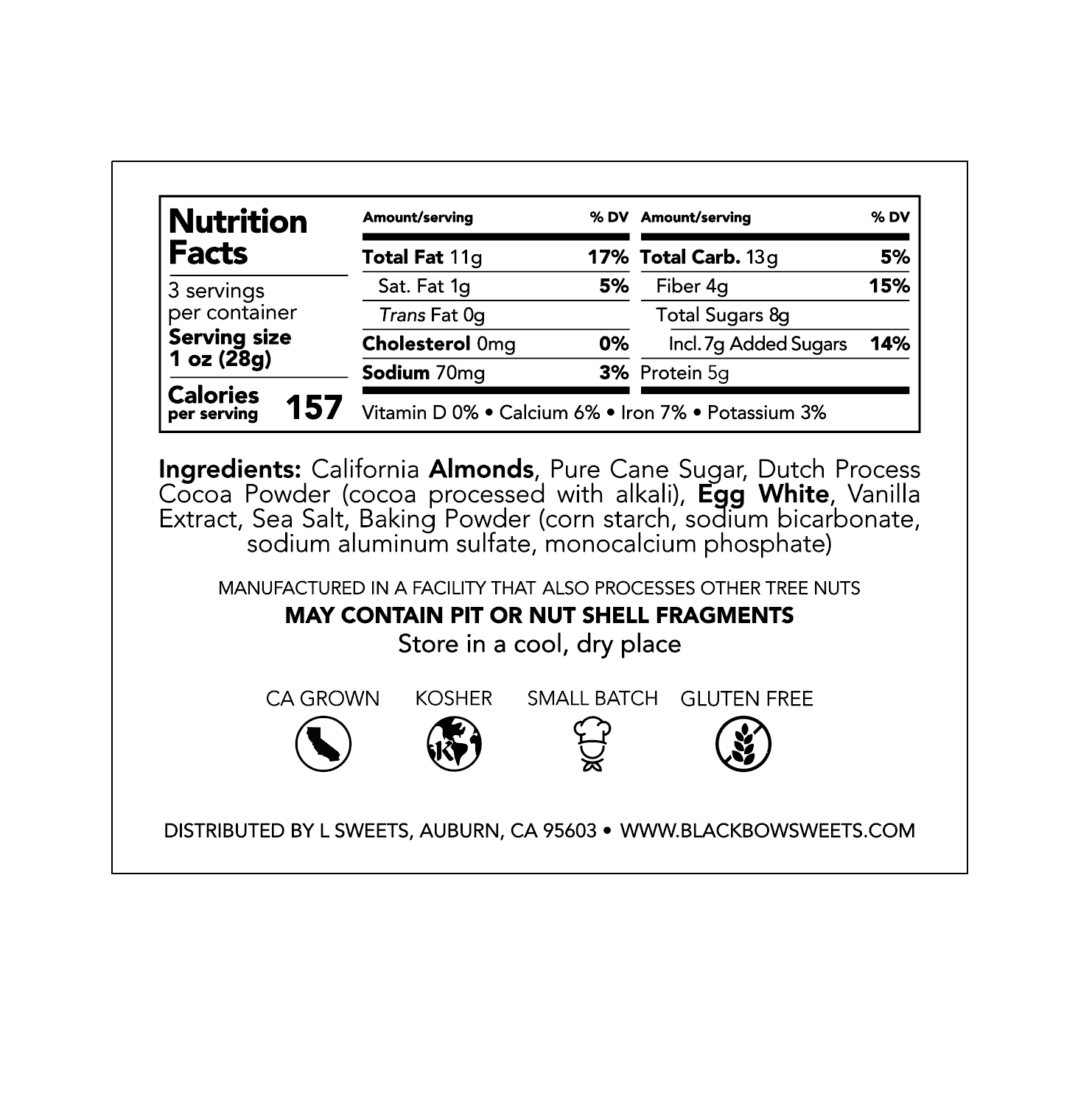 Nutrition label and ingredients list for a product, with a white background.