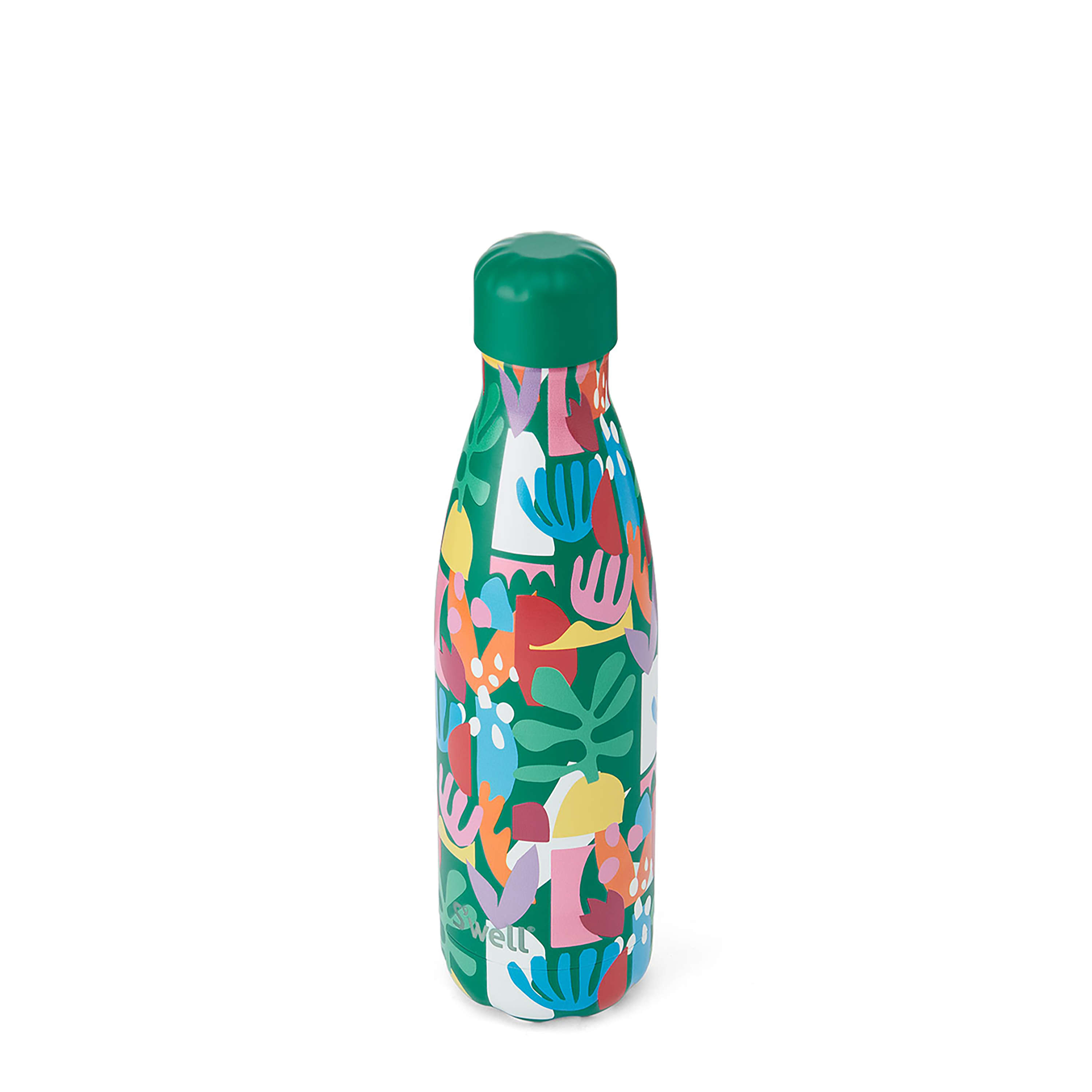 Colorful water bottle with abstract design on a white background