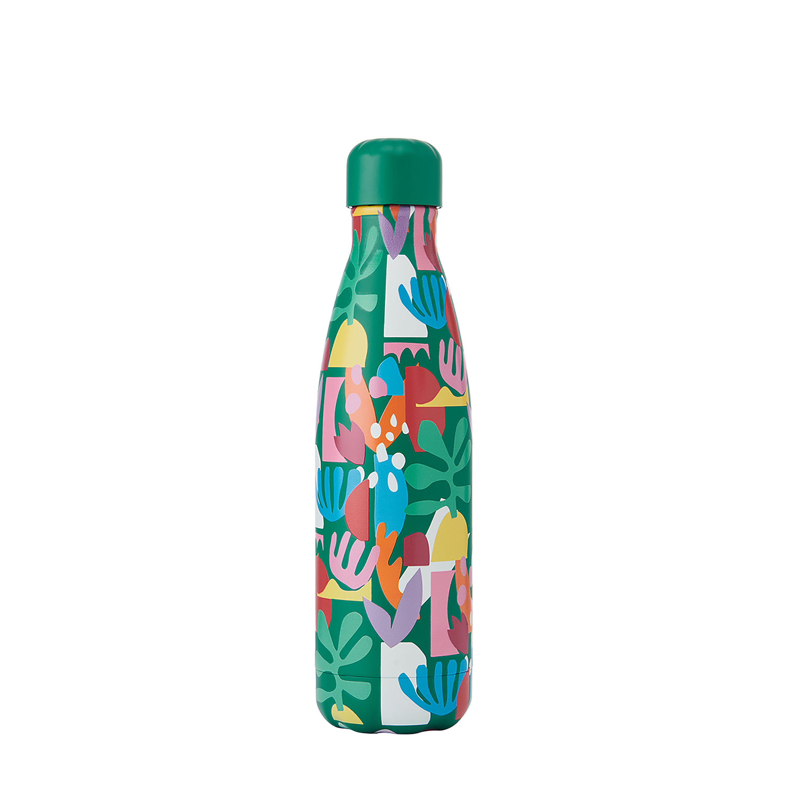 Colorful water bottle with abstract design on a white background