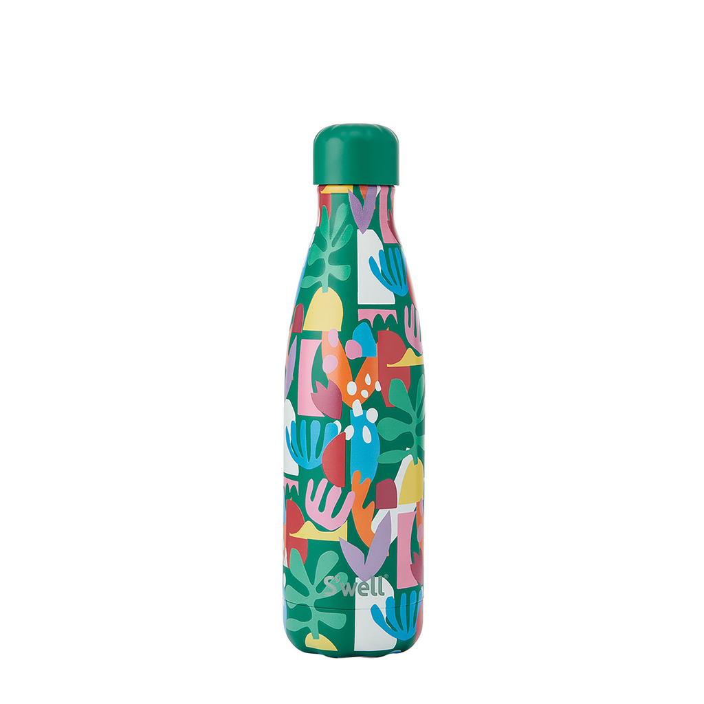Colorful water bottle with a pattern on a white background