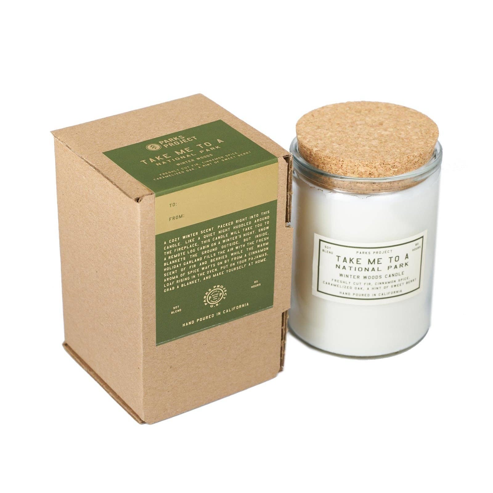 Candle in a glass jar with cork lid and packaging on a white background