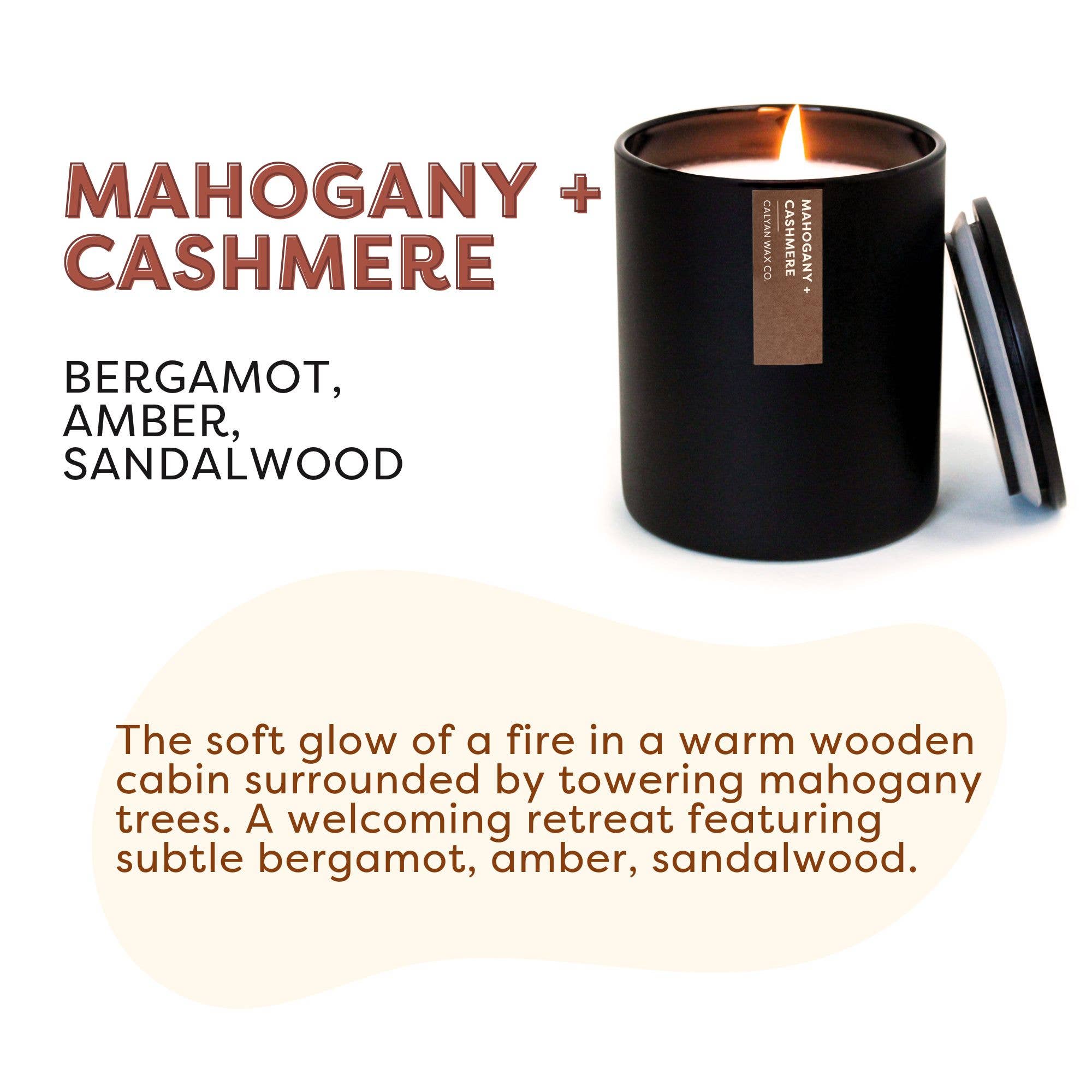 Candle labeled 'Mahogany + Cashmere' with description text on a white background