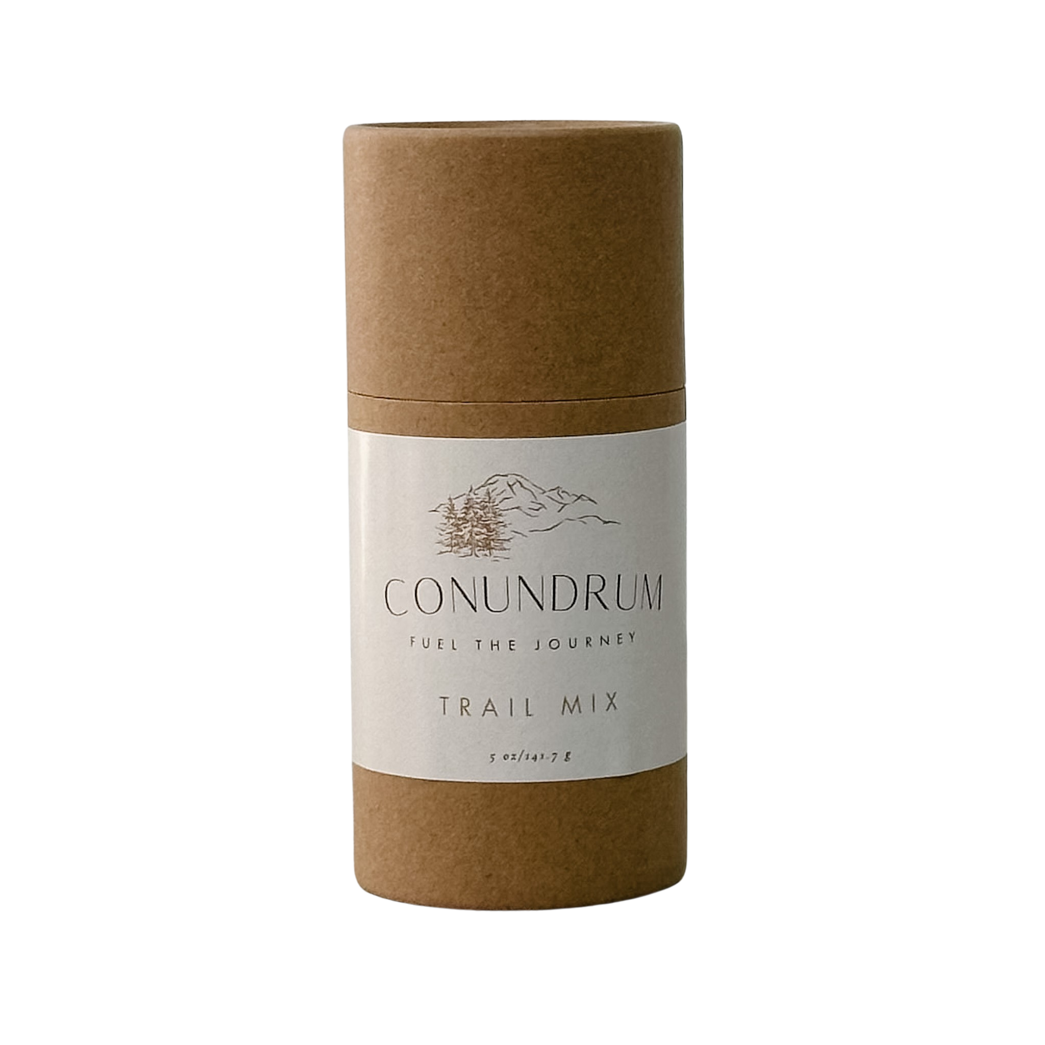 Kraft paper tube with 'Conundrum' trail mix label on a white background
