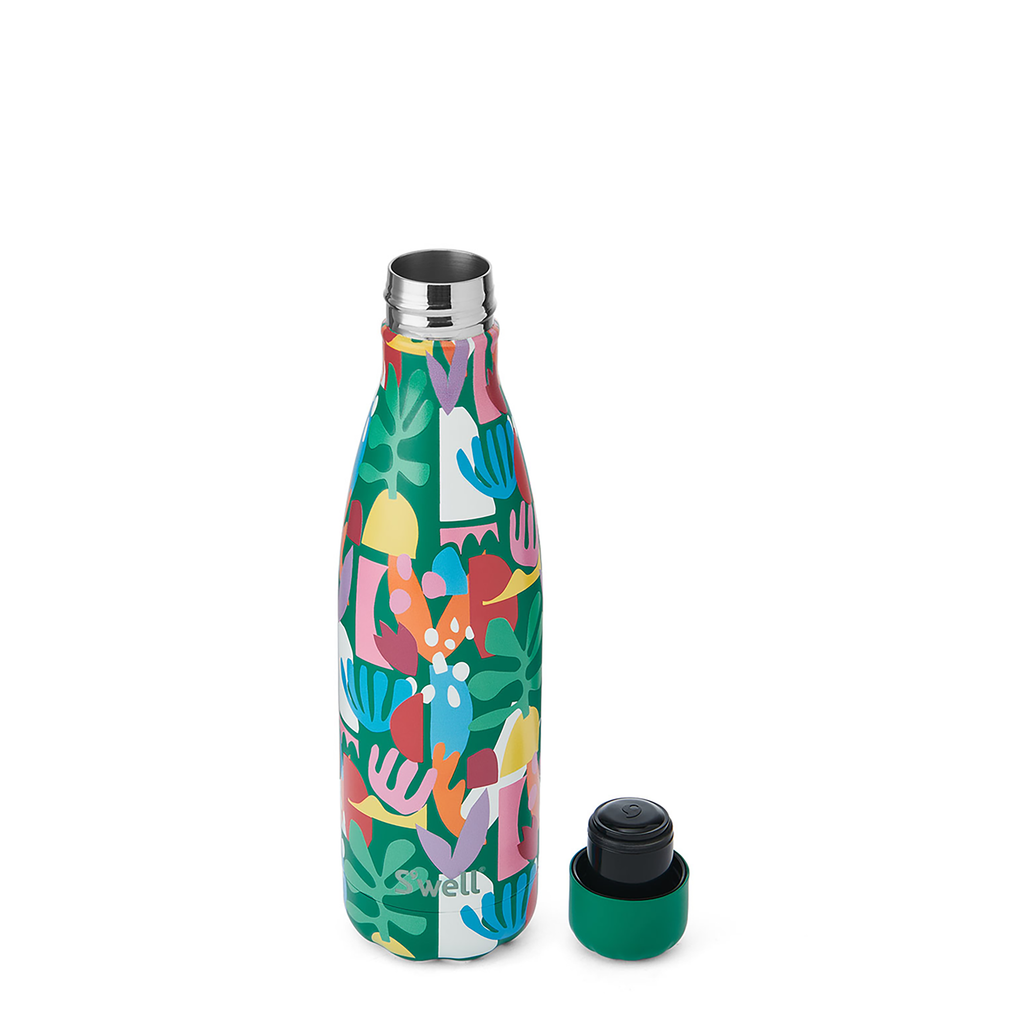 Colorful patterned water bottle with a silver cap on a white background