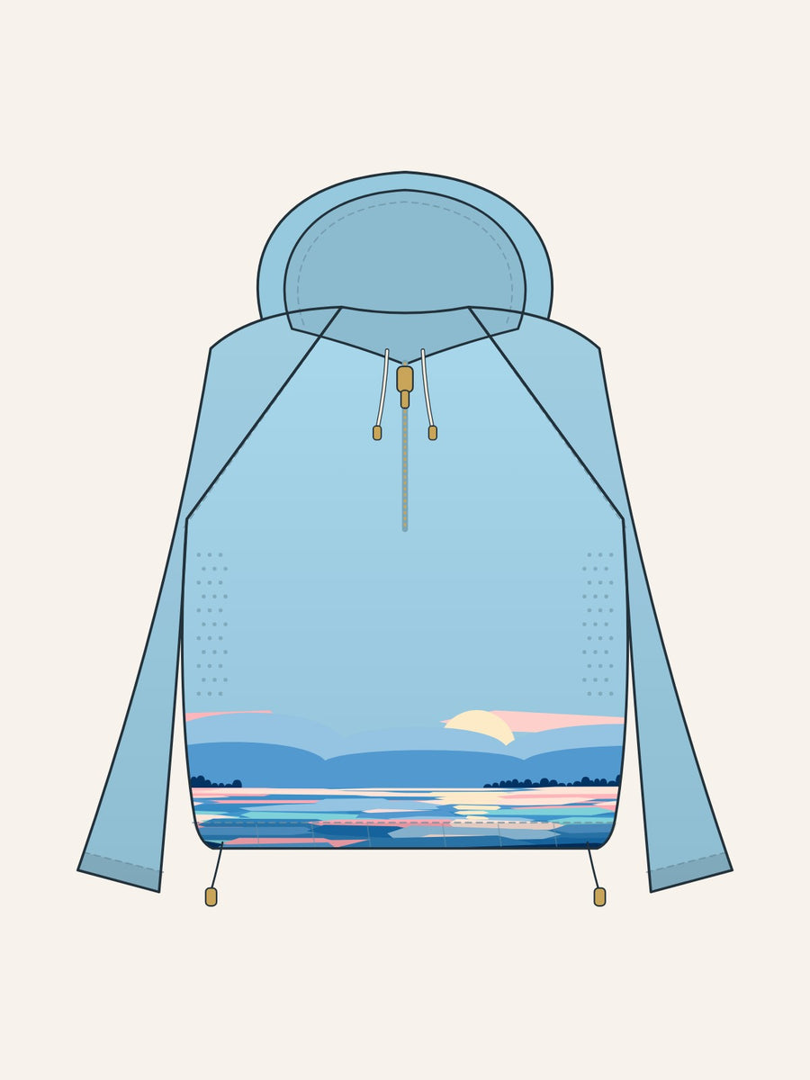 Cinched Sun Hoodie in Light Lake Blue, front drawing