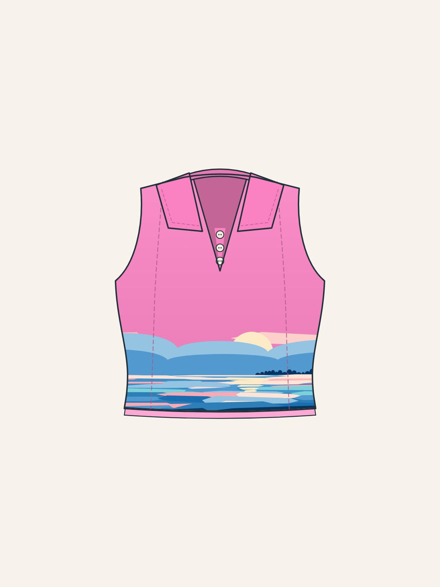 Deep-V Button Polo in Bright Pink, front drawing