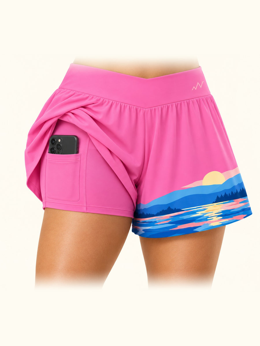 Lined Flowy Short in Bright Pink, the outer layer lifted to show the liner and phone pocket (concept render)