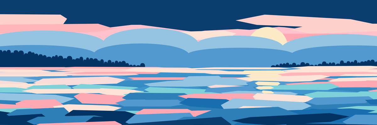 The Shoreline scene: layered lake water, a tree line and the sun going down behind the hills