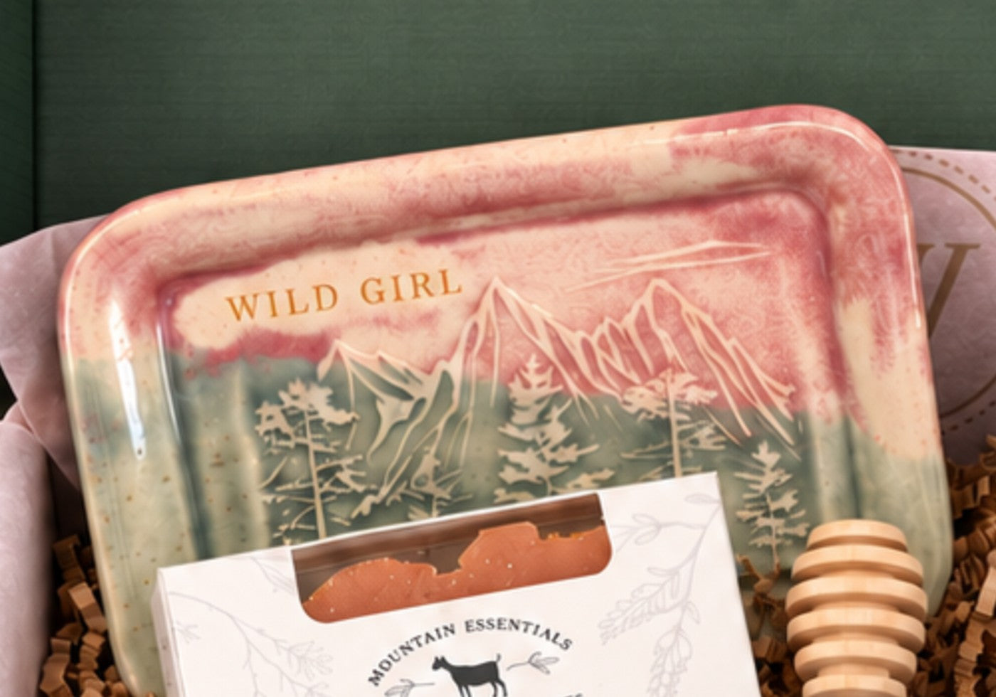 The hand-glazed Wild Girl mountain soap dish, rose breaking into cream and sage.